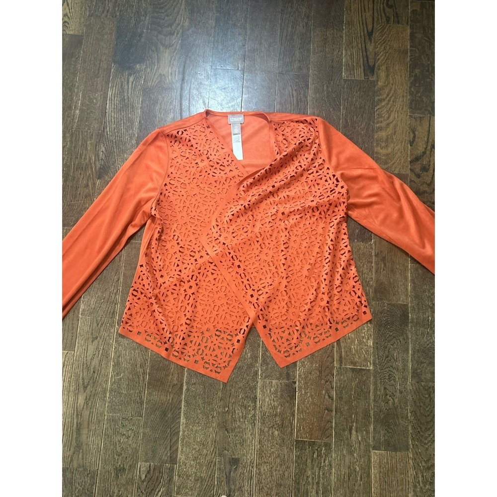 Chicos Size 0 (small)Orange Laser Cut Perforated Drape Front Faux Suede Jacket
